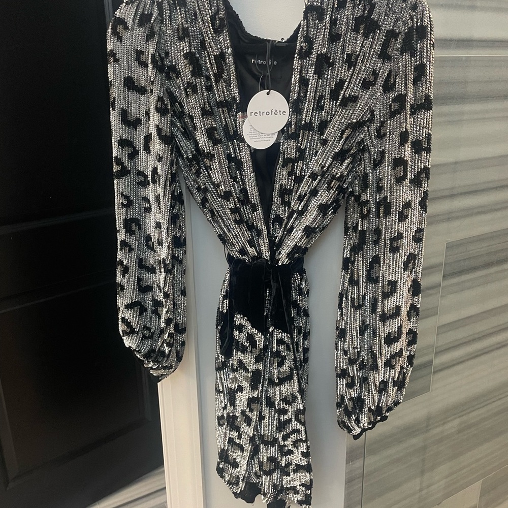 Retrofete silver leopard sequin Gabrielle robe dress.